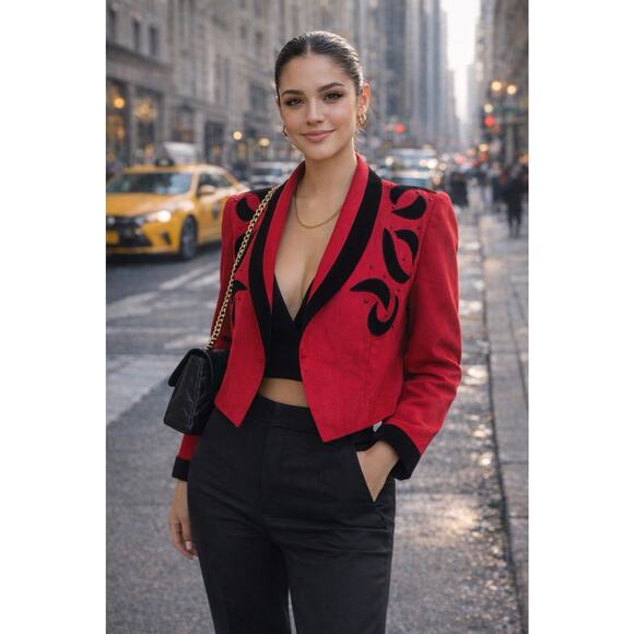 Vintage Red Jackets & Blazers - Vintage 80s 90s Red Black Beaded Cropped Short Jacket Open Front Statement MED